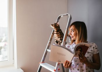 Woman reads a book while Bengal cat stands on the ladder behind her
